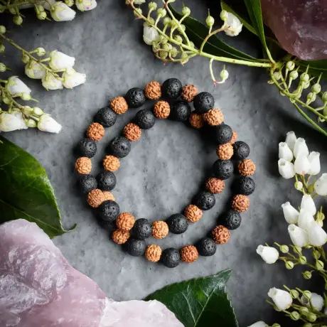 Natural 5 Mukhi Rudraksha Bracelet with Lava Stone 8mm – Unisex | Lab Certified 🔱